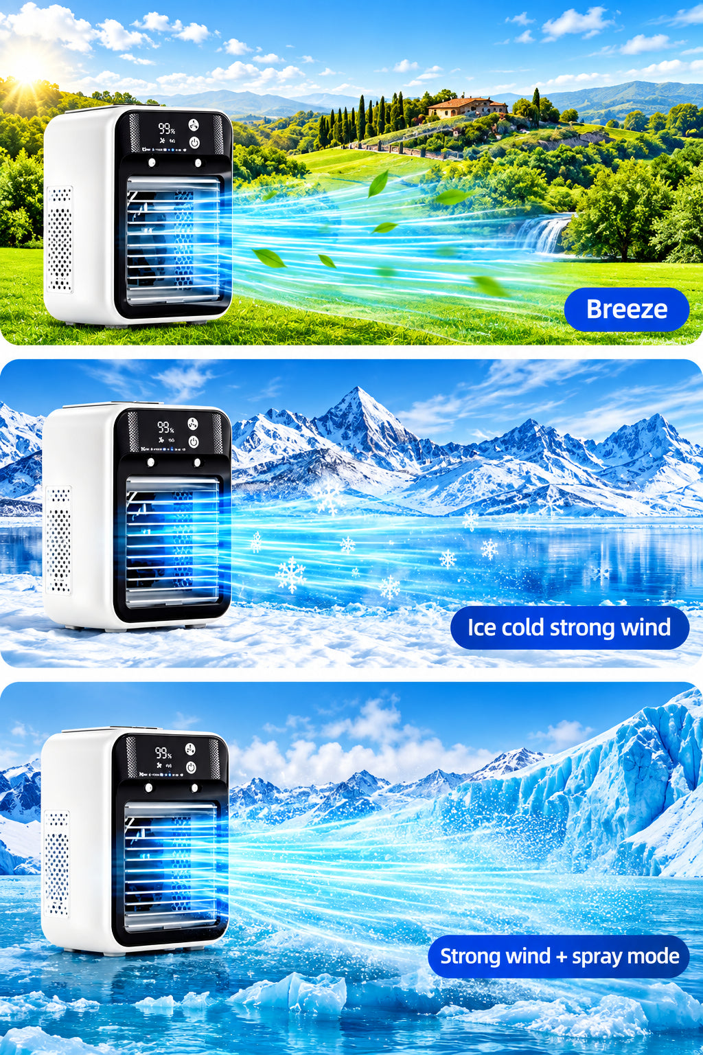Portable Air Conditioner 3-in-1 Fan with 2 Mist Speeds - Personal Evaporative Cooler for Bedroom, Office & Camping, 1800mAh Battery & 500ml Tank Air Cooler