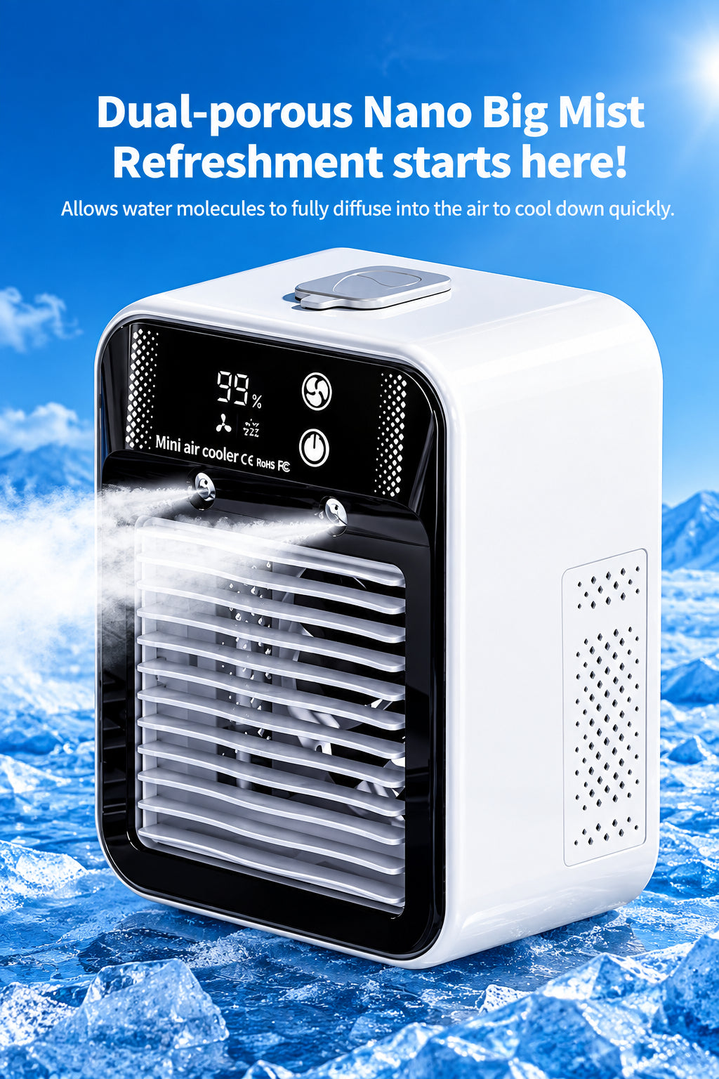 Portable Air Conditioner 3-in-1 Fan with 2 Mist Speeds - Personal Evaporative Cooler for Bedroom, Office & Camping, 1800mAh Battery & 500ml Tank Air Cooler
