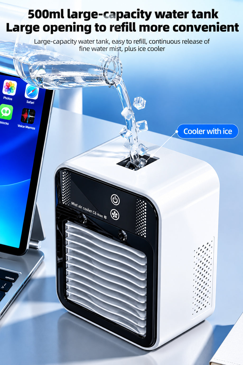 Portable Air Conditioner 3-in-1 Fan with 2 Mist Speeds - Personal Evaporative Cooler for Bedroom, Office & Camping, 1800mAh Battery & 500ml Tank Air Cooler