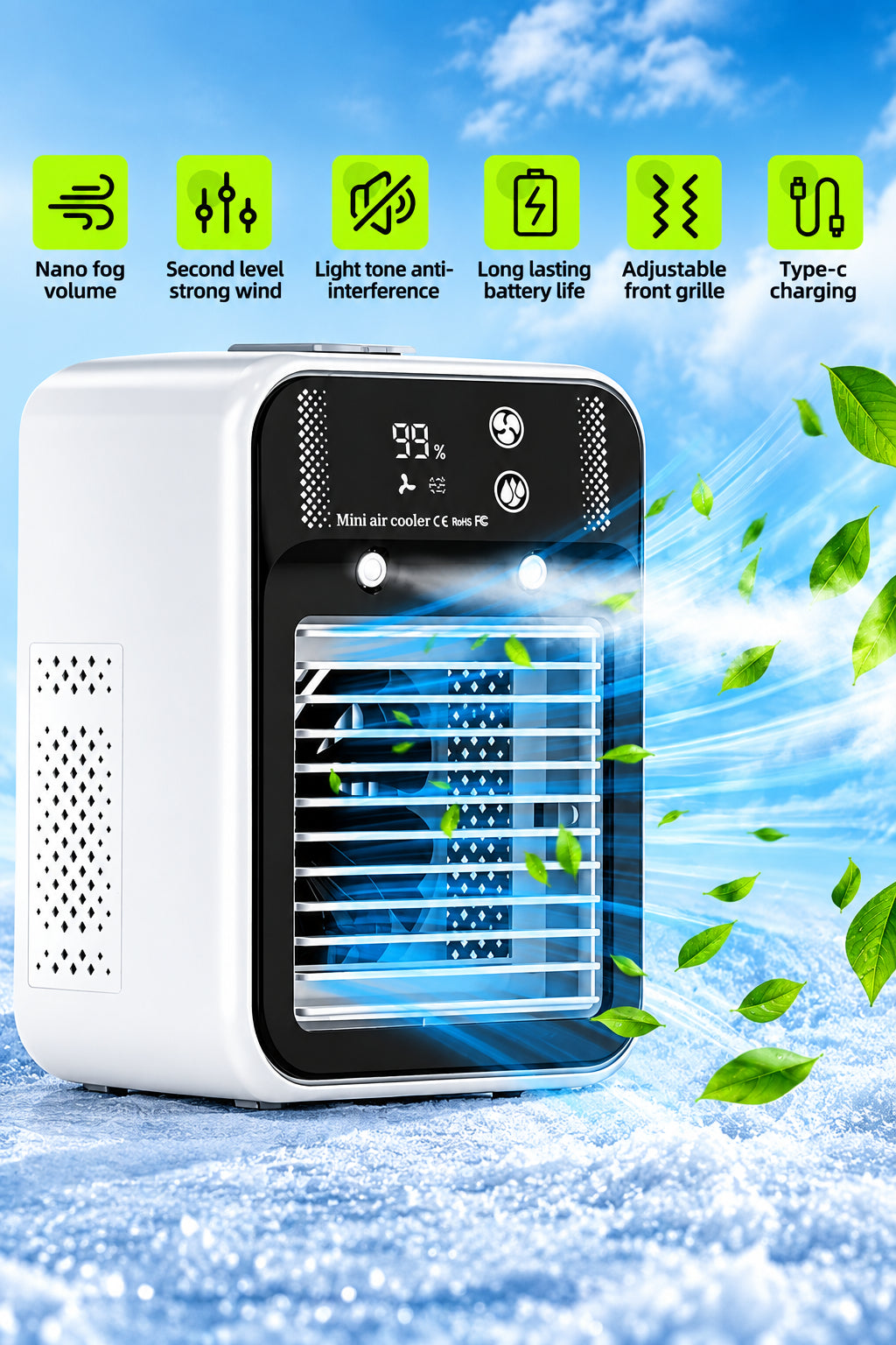 Portable Air Conditioner 3-in-1 Fan with 2 Mist Speeds - Personal Evaporative Cooler for Bedroom, Office & Camping, 1800mAh Battery & 500ml Tank Air Cooler