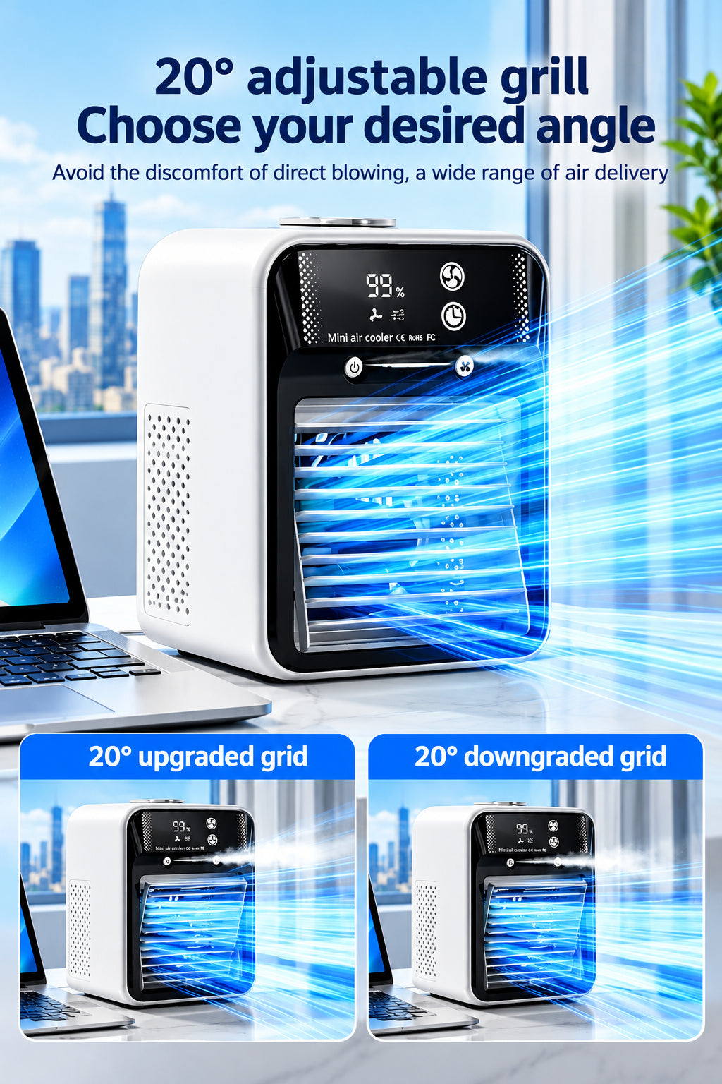 Portable Air Conditioner 3-in-1 Fan with 2 Mist Speeds - Personal Evaporative Cooler for Bedroom, Office & Camping, 1800mAh Battery & 500ml Tank Air Cooler