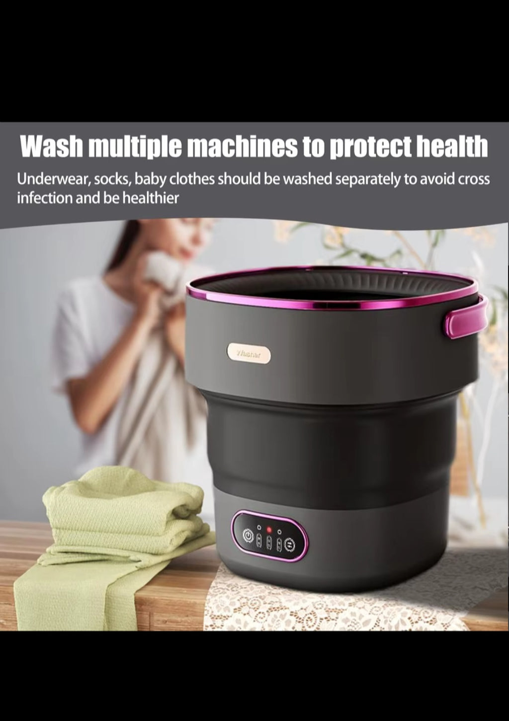 Example product13L Portable Washer with 3 Cleaning Modes, Mini Foldable Washing Machine for Baby Clothes Underwear Socks, for Apartment Home Camping Travel, Black Purple