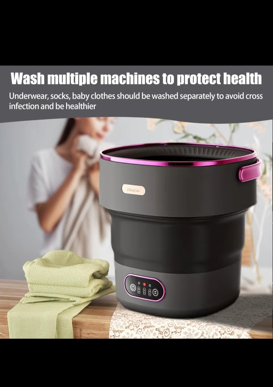 Example product13L Portable Washer with 3 Cleaning Modes, Mini Foldable Washing Machine for Baby Clothes Underwear Socks, for Apartment Home Camping Travel, Black Purple